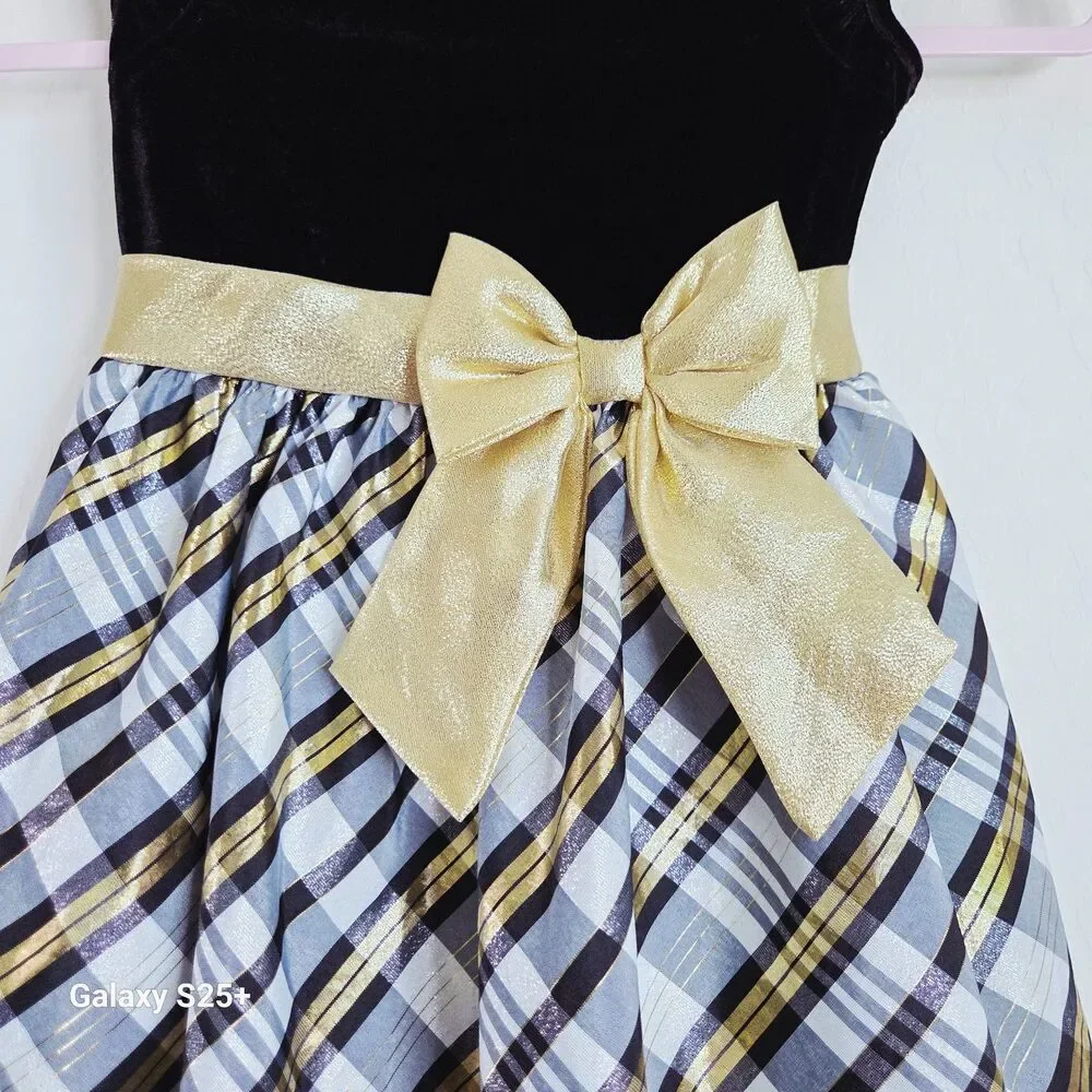 Biscotti Collezioni Girls Holiday Dress Size 5 Black Velvet Gold Plaid